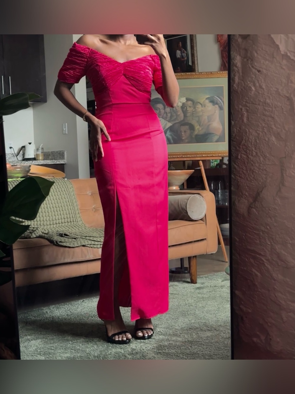 VTG 80s Hot Pink Fuchsia Off Shoulder Ruched Maxi Dress Taffeta Evening Gown, 8